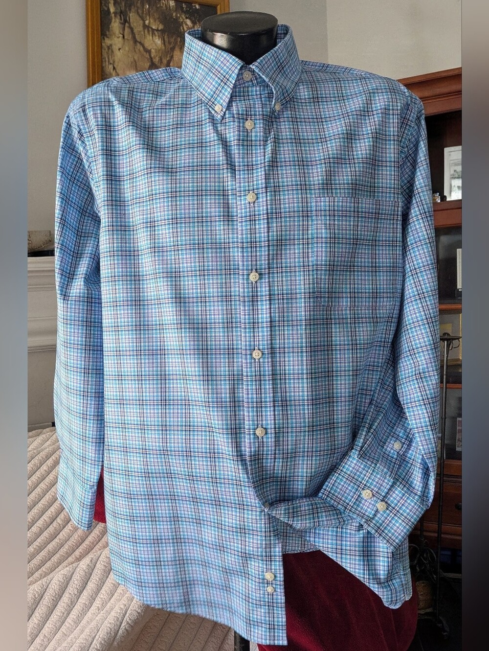 Lauren Ralph Lauren Blue Turq White Plaid Button-Down Men's Shirt 17.5 32/33